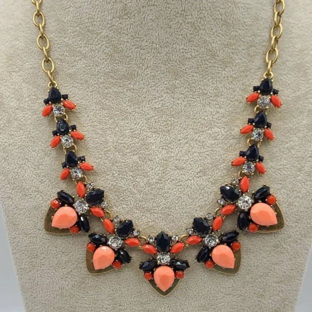 J Crew Vintage Multi Color Statement Necklace Gold Tone With Crystas
